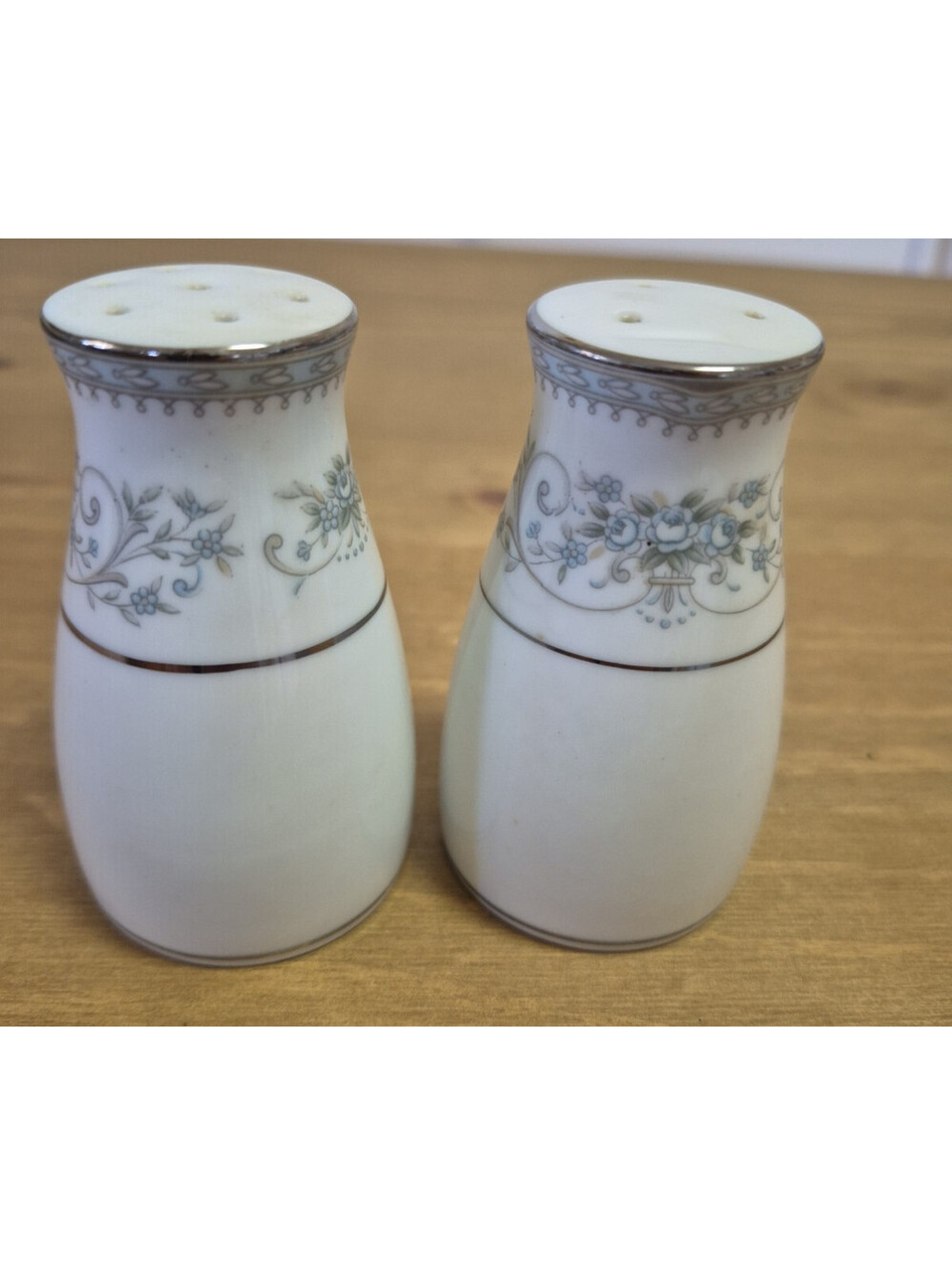 Vintage Noritake Colburn Salt & Pepper Shaker Set ~ Blue Floral ~ Silver Trim